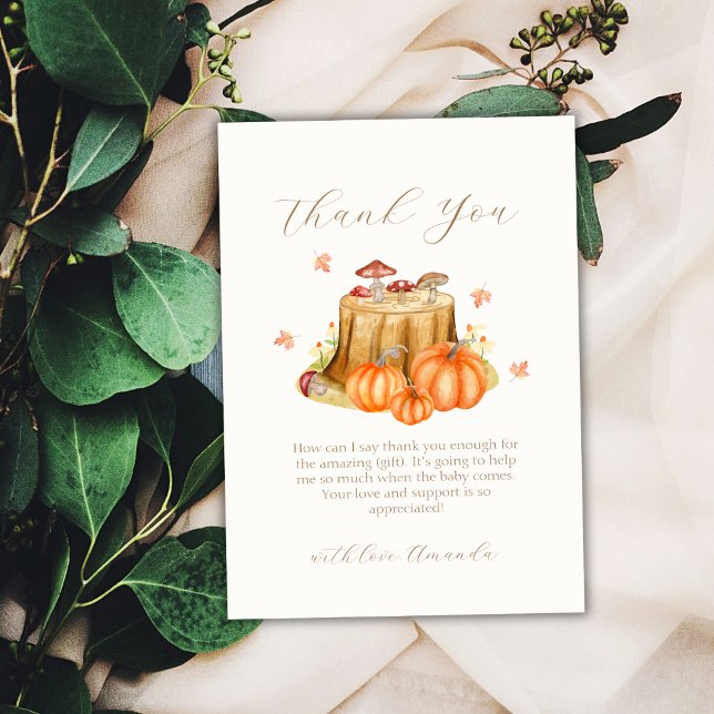 Tarjeta De Agradecimiento Rústico Woodland Fall Pumpkin Mushroom Baby Shower (Rustic Woodland Fall Pumpkin Mushroom Baby Shower Thank You Card)