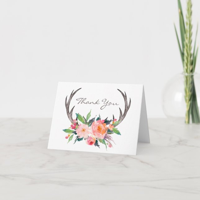 Tarjeta De Agradecimiento Rústicos Antlers Boho Floral Gracias (Anverso)