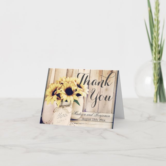 Tarjeta De Agradecimiento Rústicos girasoles Mason Jar Boda (Anverso)