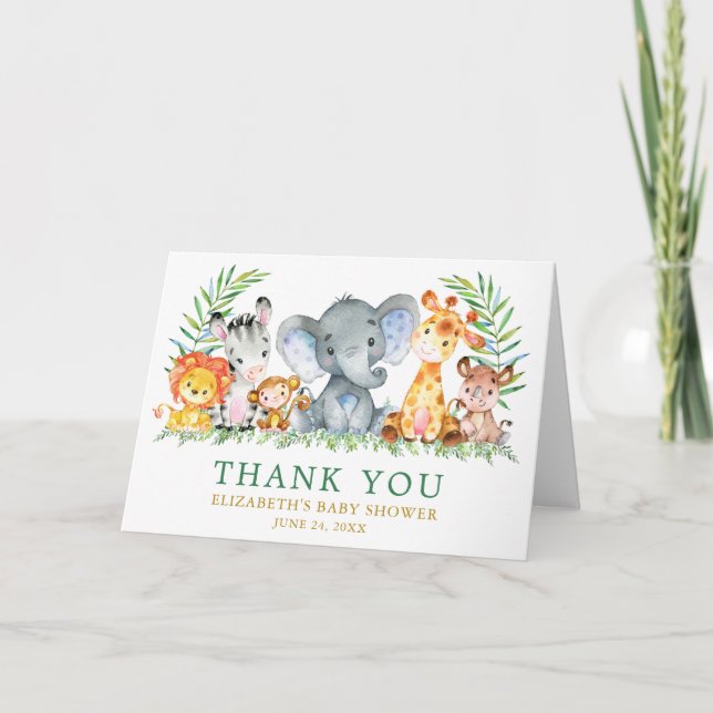 Tarjeta De Agradecimiento Safari acuarela Animales Green Baby Shower Fold (Anverso)