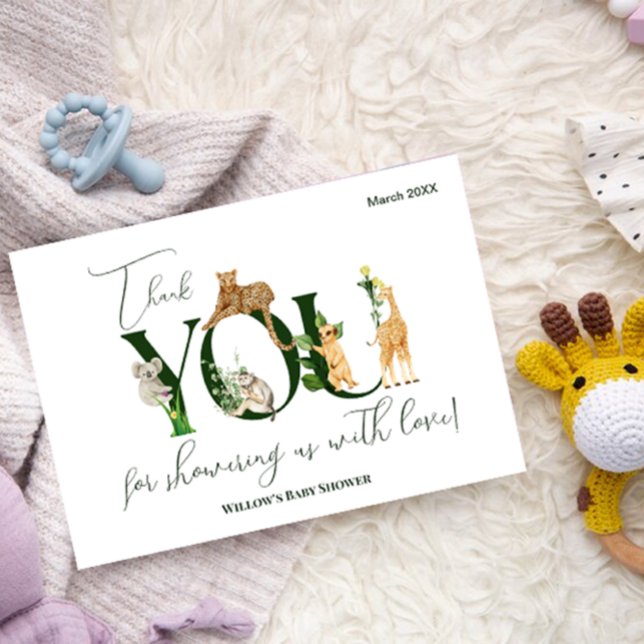 Tarjeta De Agradecimiento Safari Animal Jungle Green boy Baby Shower (Thank you for showering us with love card)
