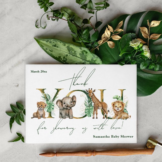 Tarjeta De Agradecimiento Safari Animal Jungle Green & Gold boy Baby Shower (Subido por el creador)