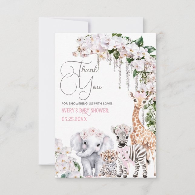 Tarjeta De Agradecimiento Safari Animal Tropical Flor Rosa Baby Shower (Anverso)