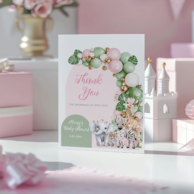Tarjeta De Agradecimiento Safari Animal Tropical Green Pink Baby Shower (Subido por el creador)