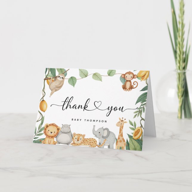 Tarjeta De Agradecimiento Safari Animals Caligraphy Baby Shower Gracias (Anverso)