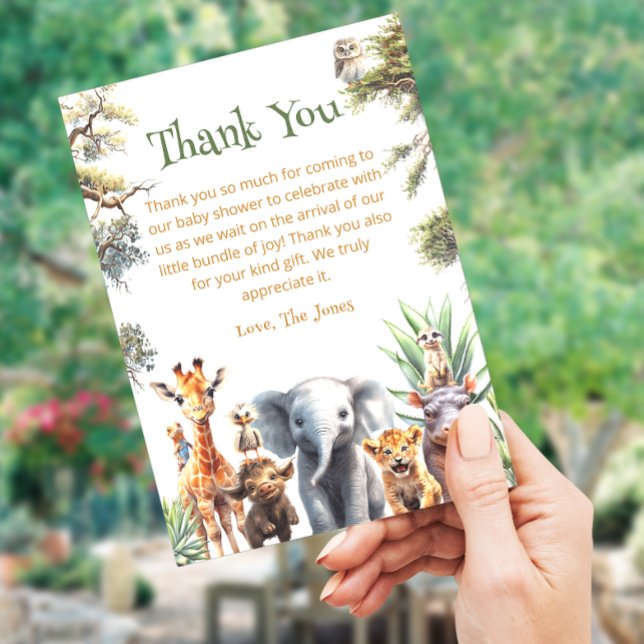 Tarjeta De Agradecimiento Safari Baby Animals Green Baby Shower Gracias (Subido por el creador)
