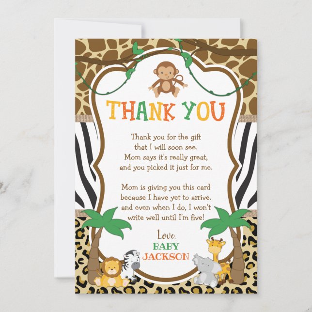 Tarjeta de agradecimiento Safari Baby Shower (Anverso)