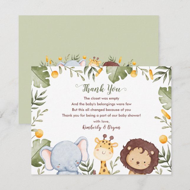 Tarjeta De Agradecimiento Safari Baby Shower Gracias Cartas Jungle Animals (Anverso / Reverso)