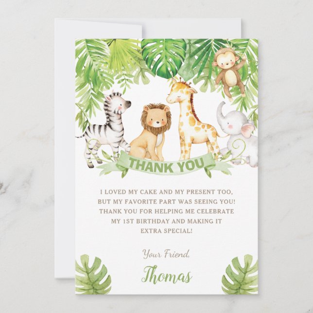 Tarjeta De Agradecimiento Safari Jungle Animales Green Forest Birthday Baby (Anverso)