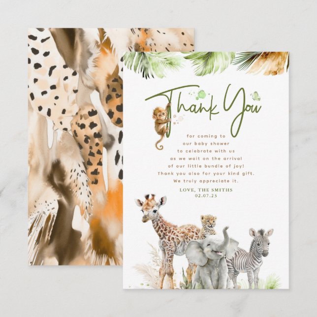 Tarjeta De Agradecimiento Safari Pequeños Animales Jungla Gracias (Anverso / Reverso)