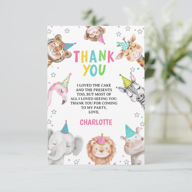 Tarjeta De Agradecimiento Safari rosado moderno llama a animales Fiestas Cum (Anverso de pie)