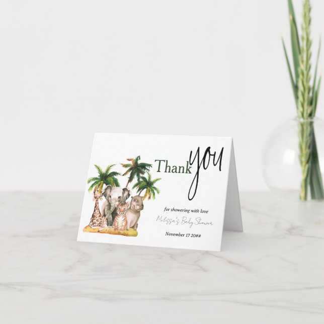 Tarjeta De Agradecimiento Safari Wild Animals Tropical Baby Shower (Anverso)