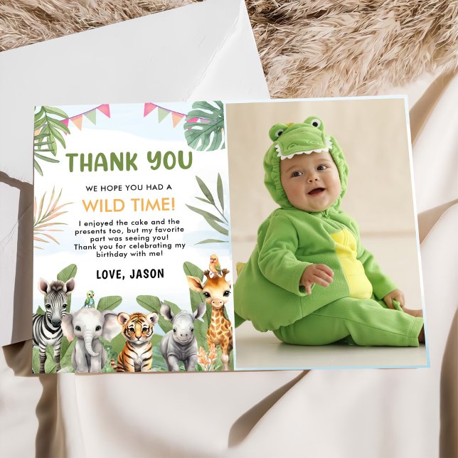 Tarjeta De Agradecimiento Safari Wild One First Boy Birthday Photo (Subido por el creador)