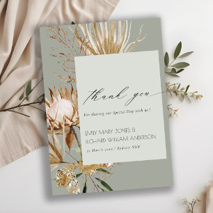 Tarjeta De Agradecimiento Saga Green Boho Protea Dried Palm Floral Boda
