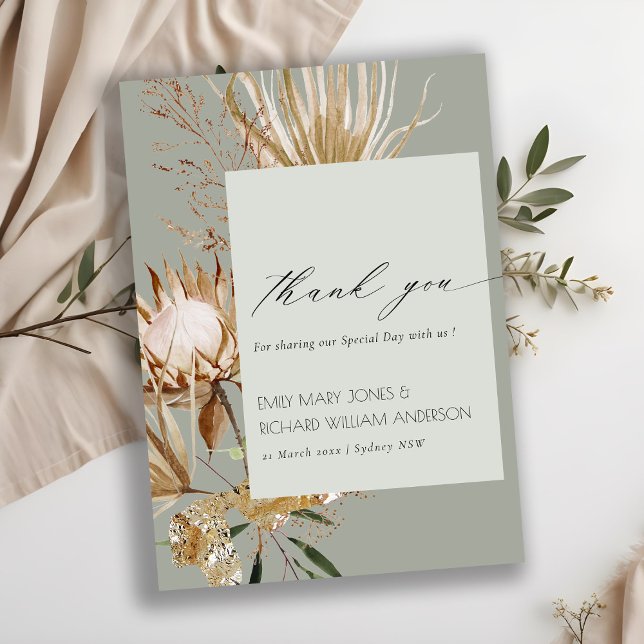 Tarjeta De Agradecimiento Saga Green Boho Protea Dried Palm Floral Boda (Subido por el creador)