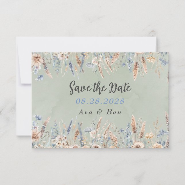Tarjeta De Agradecimiento Sage Blue Wildflowers Wedding Save The Date Card (Anverso)