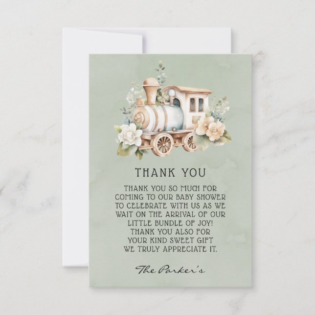 Tarjeta De Agradecimiento Sage Dusty Blue Train Baby Shower Gracias Cartas (Anverso)