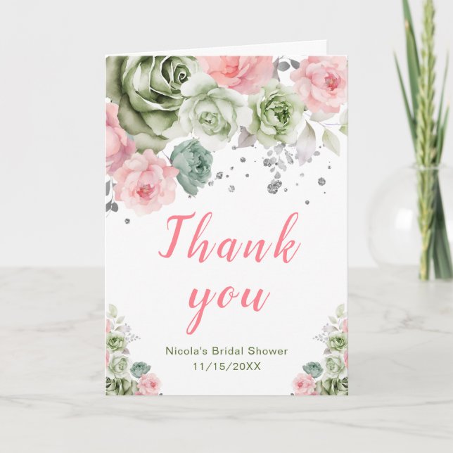 Tarjeta De Agradecimiento Sage Green and Pink Floral Bridal Shower (Anverso)