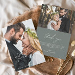 Tarjeta De Agradecimiento Sage Green Boda manuscrito Gracias 2 Fotos<br><div class="desc">Tarjetas de agradecimiento escritas a mano por el boda que tienen una foto en la parte delantera y trasera. Las tarjetas Fall, Autumn, Spring, Summer e Winter (Caída, Otoño, Primavera, Verano e Invierno) contienen una moderna tipografía de escritura cursiva con letras a mano que son elegantes, simples y modernas para...</div>