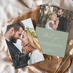 Tarjeta De Agradecimiento Sage Green Boda manuscrito Gracias 2 Fotos<br><div class="desc">Tarjetas de agradecimiento escritas a mano por el boda que tienen una foto en la parte delantera y trasera. Las tarjetas Fall, Autumn, Spring, Summer e Winter (Caída, Otoño, Primavera, Verano e Invierno) contienen una moderna tipografía de escritura cursiva con letras a mano que son elegantes, simples y modernas para...</div>