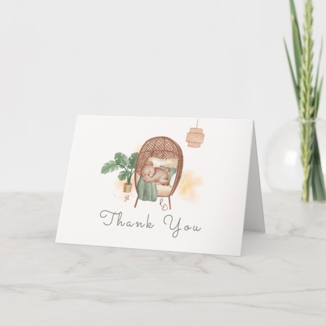 Tarjeta De Agradecimiento Sage Green Boho Cosy Teddy Bear Sleep Baby Shower (Anverso)