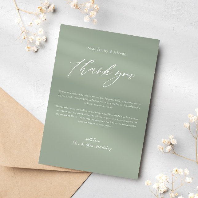 Tarjeta De Agradecimiento Sage Green Calligraphy Classic Elegant Wedding (Sage Green Calligraphy Classic Elegant Wedding Thank You Card)