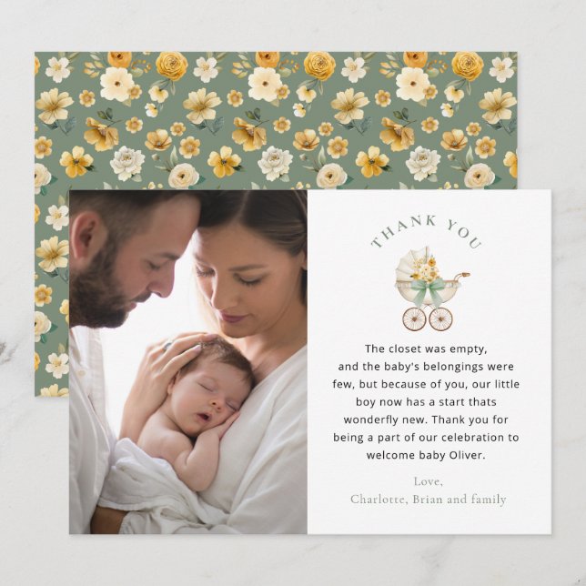 Tarjeta De Agradecimiento Sage Green Carriage Baby Shower Photo Thank You (Anverso / Reverso)