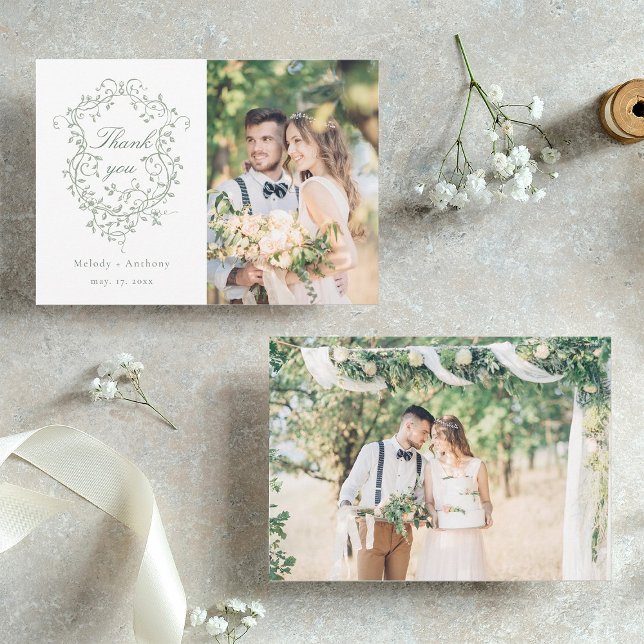 Tarjeta De Agradecimiento Sage Green Classic Escudo floral francés 2 Foto (Front & Back)