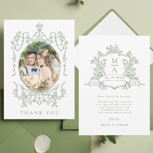 Tarjeta De Agradecimiento Sage Green Classic Floral Frame Wedding Photo      (Front & Back)