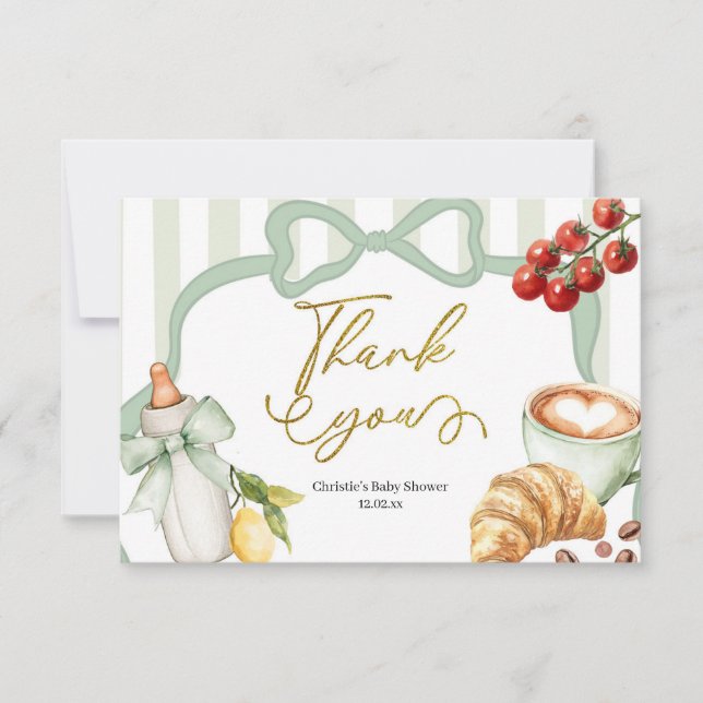 Tarjeta De Agradecimiento Sage Green Coquette Stripes Italy Ciao Baby (Anverso)