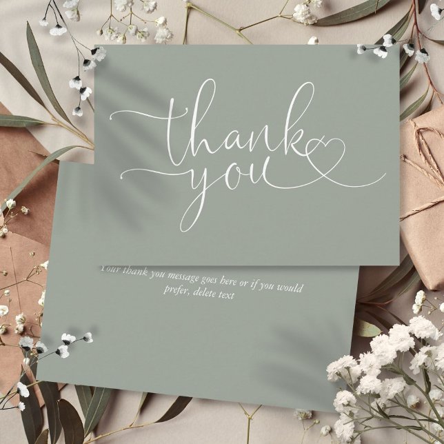 Tarjeta De Agradecimiento Sage Green Elegant Heart Script (Sage Green Elegant Heart Script Thank You Card)