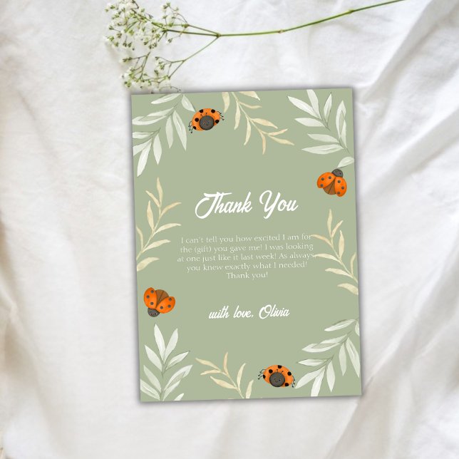 Tarjeta De Agradecimiento Sage Green Fall Ladybug GreenerenerenBaby Shower (Sage Green Fall Ladybug Greenery Baby Shower Thank You Card)