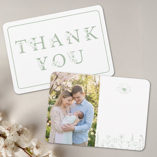 Tarjeta De Agradecimiento Sage Green Floral Baby Shower Photo (Sage Green Photo Thank You Card)