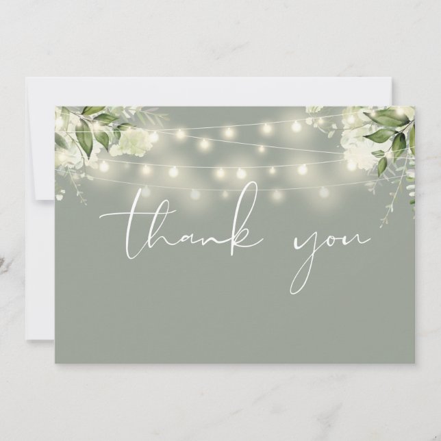 Tarjeta De Agradecimiento Sage Green Floral Greenery String Lights Photo (Anverso)