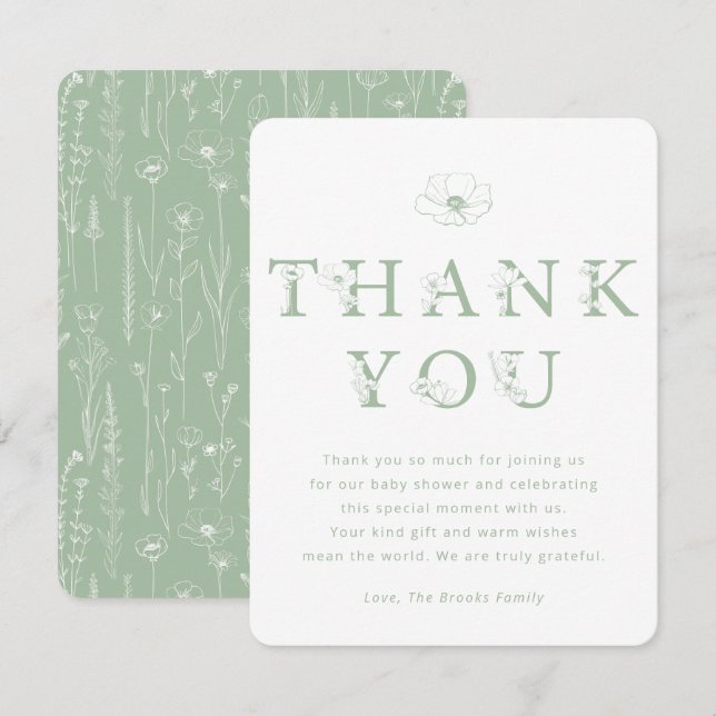 Tarjeta De Agradecimiento Sage Green Floral Thank You Card | Baby Shower (Anverso / Reverso)