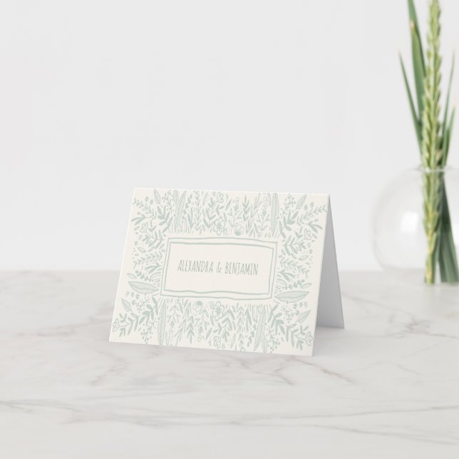 Tarjeta De Agradecimiento Sage Green Garden Floral Art Border Nombre Boda (Anverso)