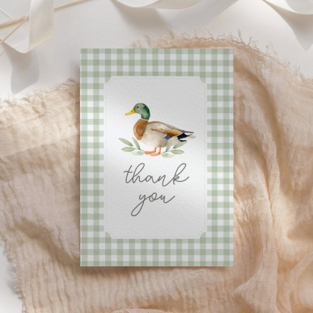 Tarjeta De Agradecimiento Sage Green Gingham Duck Baby Shower (Subido por el creador)