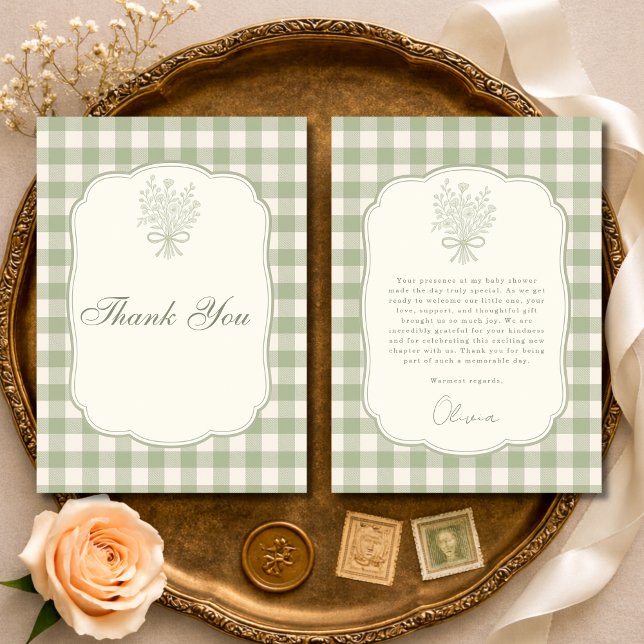 Tarjeta De Agradecimiento Sage Green Gingham Floral Bow Baby Shower (Subido por el creador)