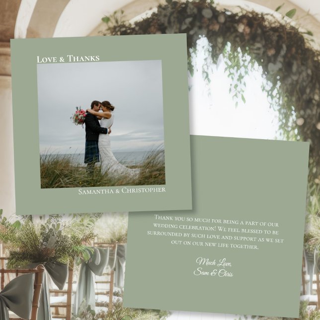 Tarjeta De Agradecimiento Sage Green Love & Gracias Photo & Note Boda (Front/Back)