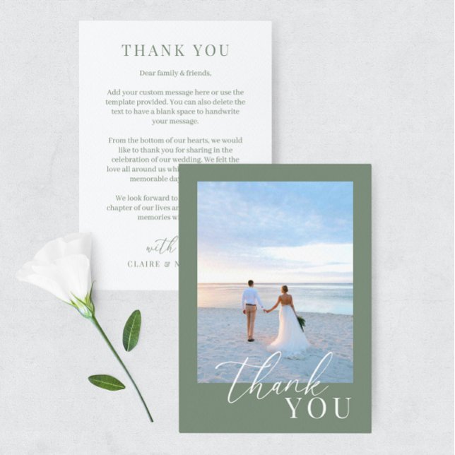 Tarjeta De Agradecimiento Sage Green Modern Elegant Wedding Photo You (Subido por el creador)