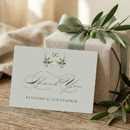 Tarjeta De Agradecimiento Sage Green Olive Branch Monogram Wedding