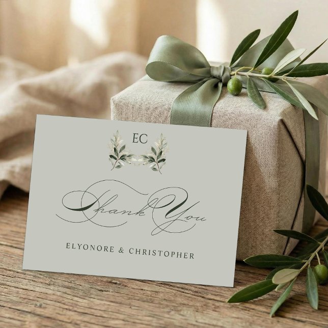 Tarjeta De Agradecimiento Sage Green Olive Branch Monogram Wedding (Subido por el creador)