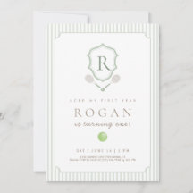 Sage Green Preppy Tennis Crest 1st Birthday invite