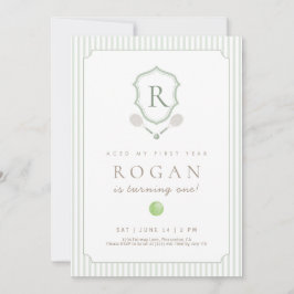 Tarjeta De Agradecimiento Sage Green Preppy Tennis Crest 1st Birthday invite