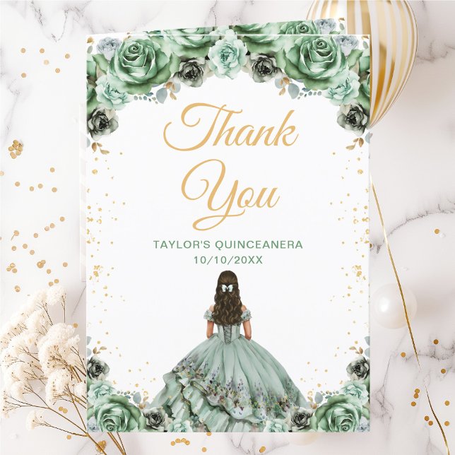 Tarjeta De Agradecimiento Sage Green Princess Floral Quinceañera (Subido por el creador)