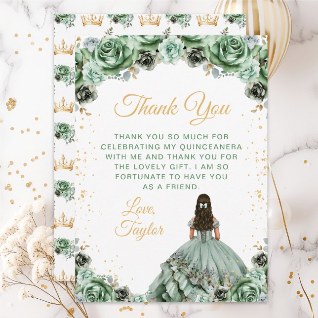 Tarjeta De Agradecimiento Sage Green Princess Floral Quinceañera (Subido por el creador)