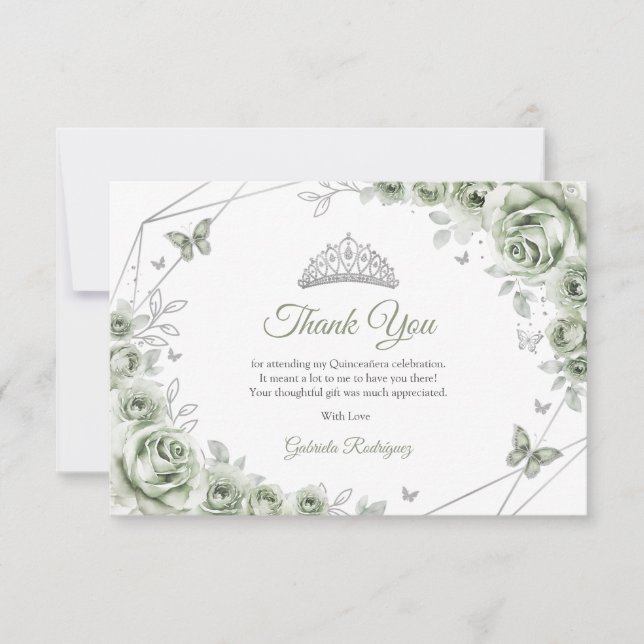 Tarjeta De Agradecimiento Sage Green Silver Floral Quinceanera (Anverso)
