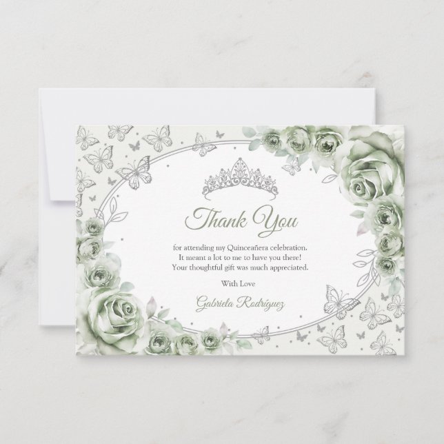 Tarjeta De Agradecimiento Sage Green Silver Floral Quinceanera (Anverso)
