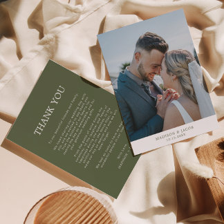 Tarjeta De Agradecimiento Sage Green simple con Boda de fotos