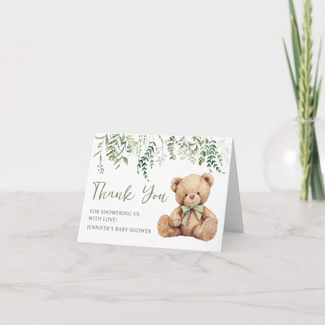 Tarjeta De Agradecimiento Sage Green Teddy Bear Baby Shower Gracias Cartas (Anverso)